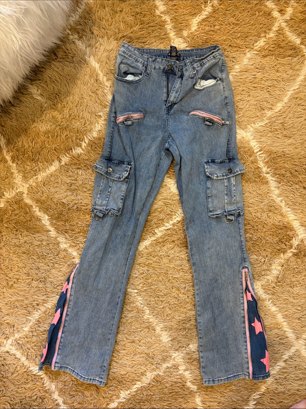 Hot Topic Blue Denim Cowgirl Flare Cargo Jeans with Pink Star Panels